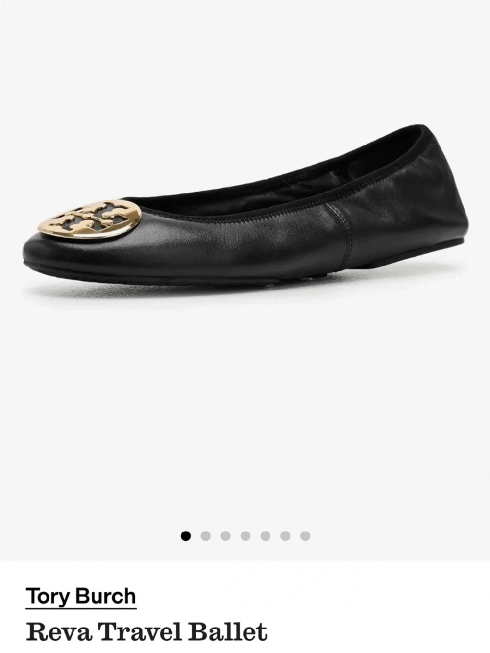 Tory Burch Reva Black Leather Logo Ballet Flat with Gold Medallion